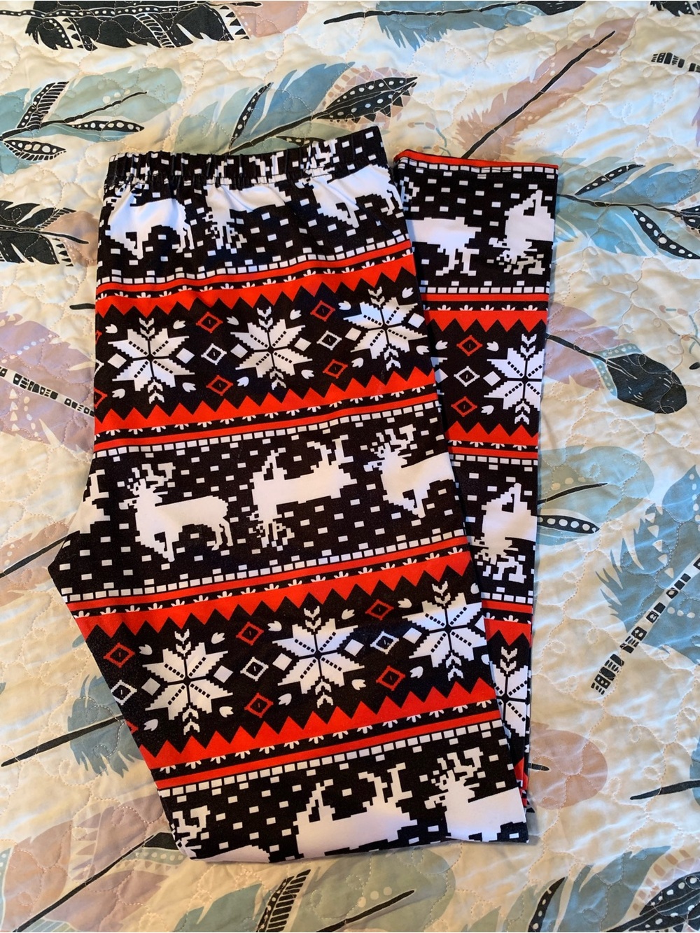 Festive Reindeer & Snowflake Holiday Leggings - Black, White & Red